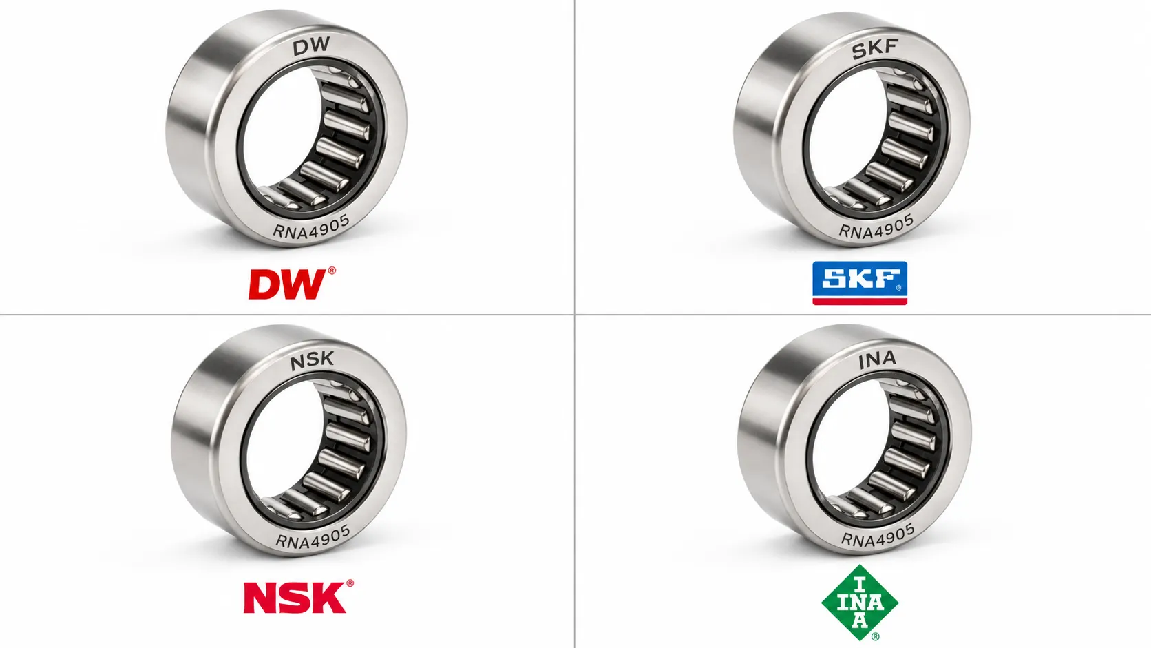 DW vs SKF NSK INA needle bearing cross-reference - RNA4905 visual comparison DW vs SKF NSK INA Schaeffler needle roller bearing cross-reference comparison (RNA4905)