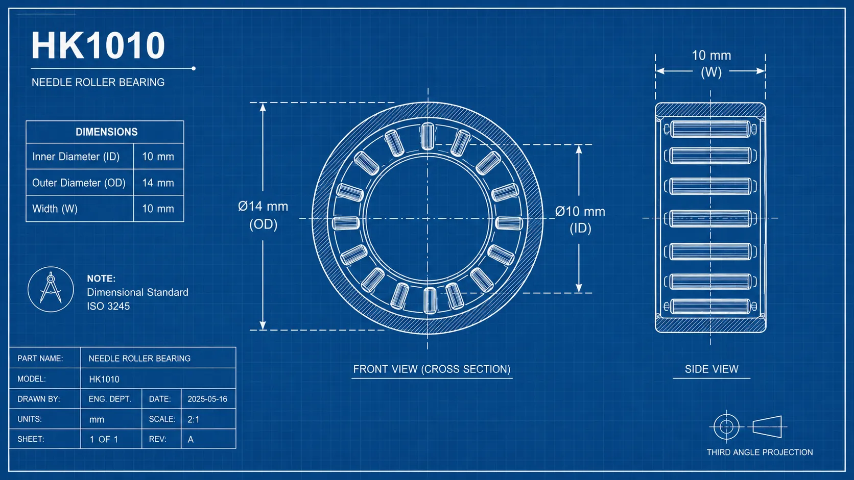 HK1010 dimensional blueprint - DW Bearing engineering drawing HK1010 needle roller bearing dimensions blueprint - 10mm ID, 14mm OD, 10mm width, ISO 3245 dimensional standard